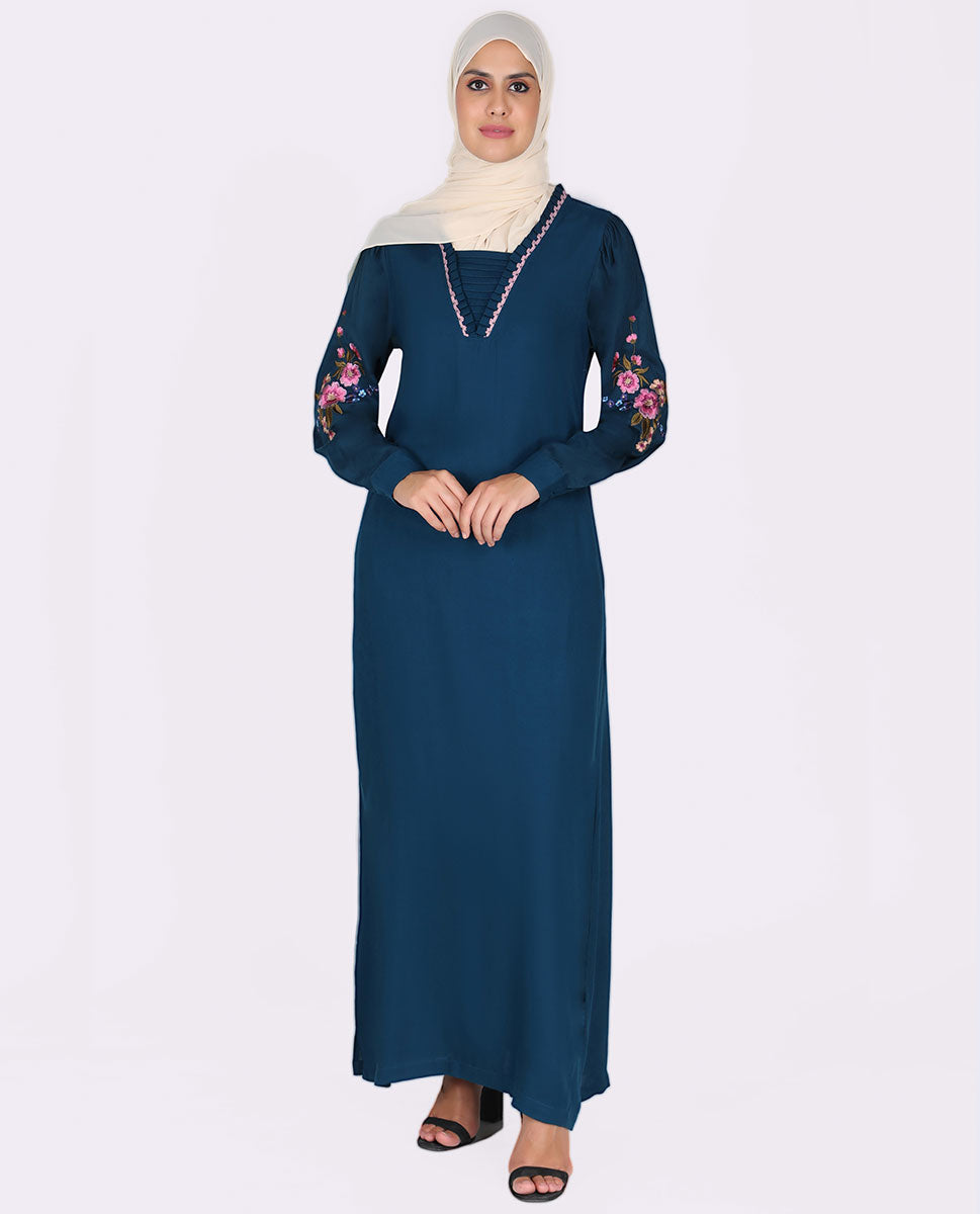 Silk Route Frilled Neck Floral Emboidery Teal Abaya Maxi Dress Jilbab Small