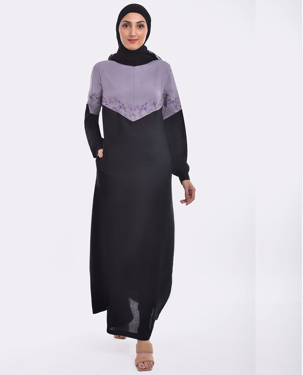 Silk Route Black And Lilac Contrast Embroidered Abaya Maxi Dress Jilbab Medium