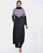 Silk Route Black And Lilac Contrast Embroidered Abaya Maxi Dress Jilbab Medium