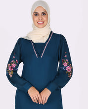 Silk Route Frilled Neck Floral Emboidery Teal Abaya Maxi Dress Jilbab Small