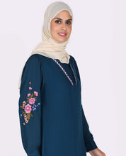 Silk Route Frilled Neck Floral Emboidery Teal Abaya Maxi Dress Jilbab Small