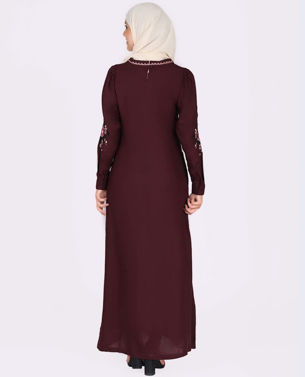 Silk Route Frilled Neck Floral Embroidery Burgundy Abaya Maxi Dress Ji GB | Islamic Design House Silk Route Frilled Neck Floral Embroidery Burgundy Abaya Maxi Dress Ji GB | Islamic Design House