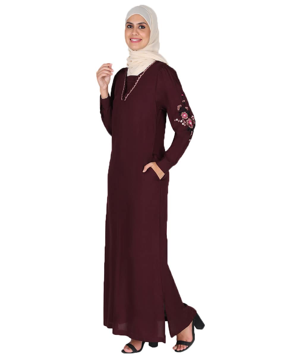 Silk Route Frilled Neck Floral Embroidery Burgundy Abaya Maxi Dress Jilbab Small