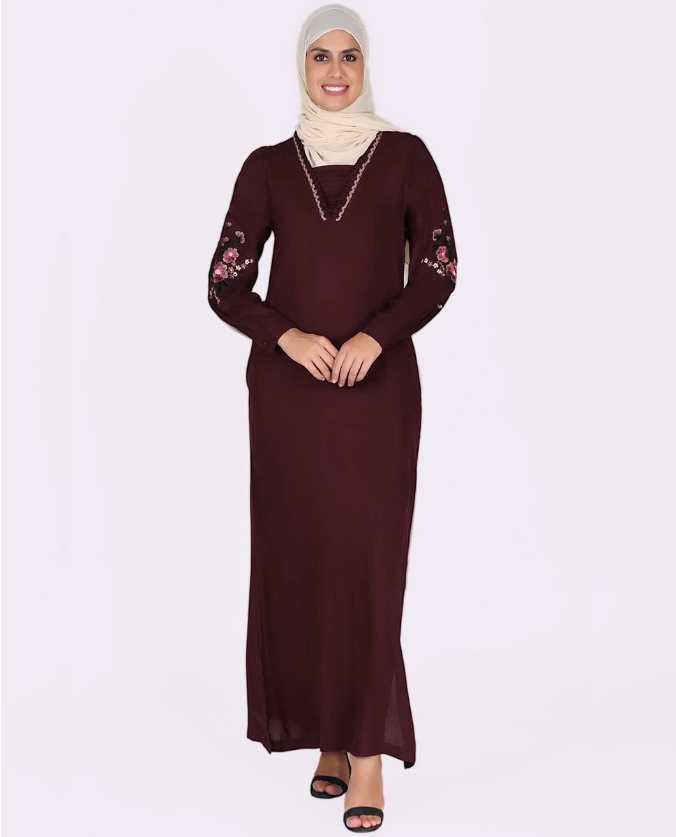 Silk Route Frilled Neck Floral Embroidery Burgundy Abaya Maxi Dress Jilbab Small