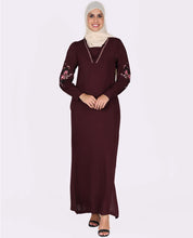 Silk Route Frilled Neck Floral Embroidery Burgundy Abaya Maxi Dress Jilbab Small