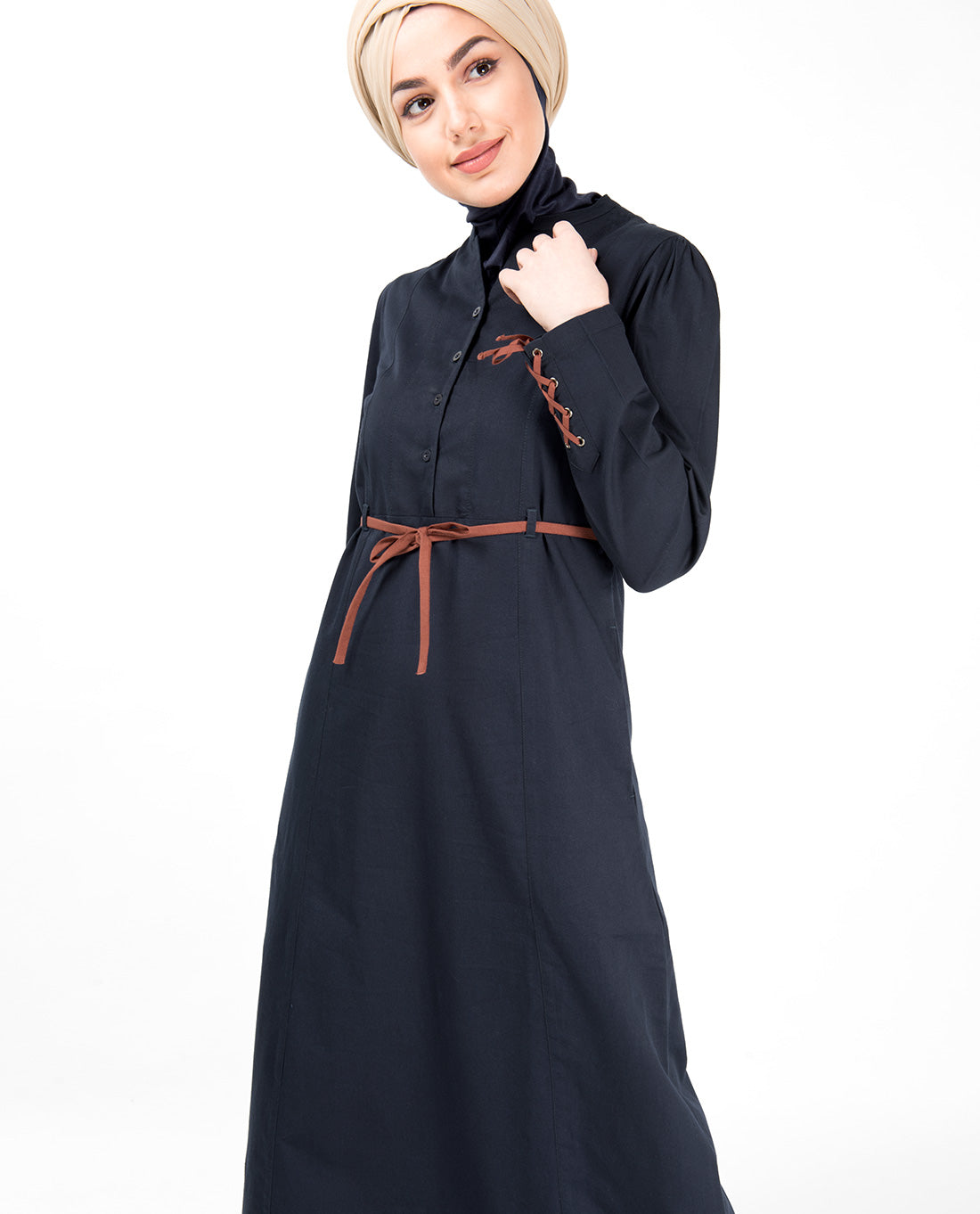 Silk Route© Midnight Blue Tie Up Sleeve Abaya Cotton Urban Maxi Dress Jilbabs XLarge 56