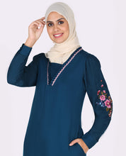 Silk Route Frilled Neck Floral Emboidery Teal Abaya Maxi Dress Jilbab Small