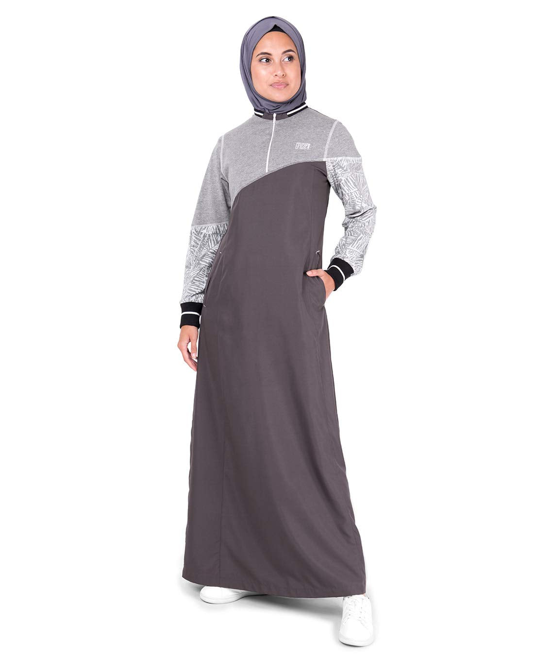 Silk Route© Grey Botanical Print Polyester Sporty Abaya Maxi Dress Jilbab Medium 52