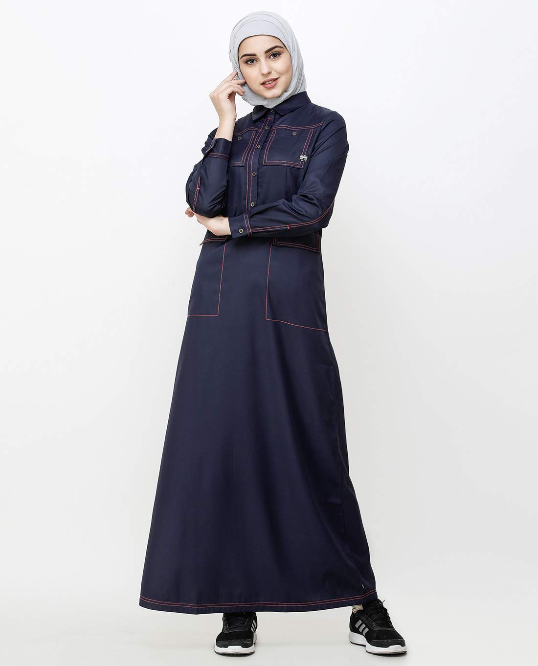 Silk Route© Navy Blue Patch Pockets Buttoned Polyester Urban Abaya Maxi Dress Jilbab Small 54