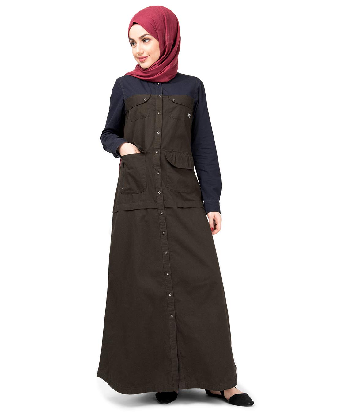 Silk Route© Navy & Olive Full Front Open Abaya Cotton Urban Maxi Dress Jilbab Small 56