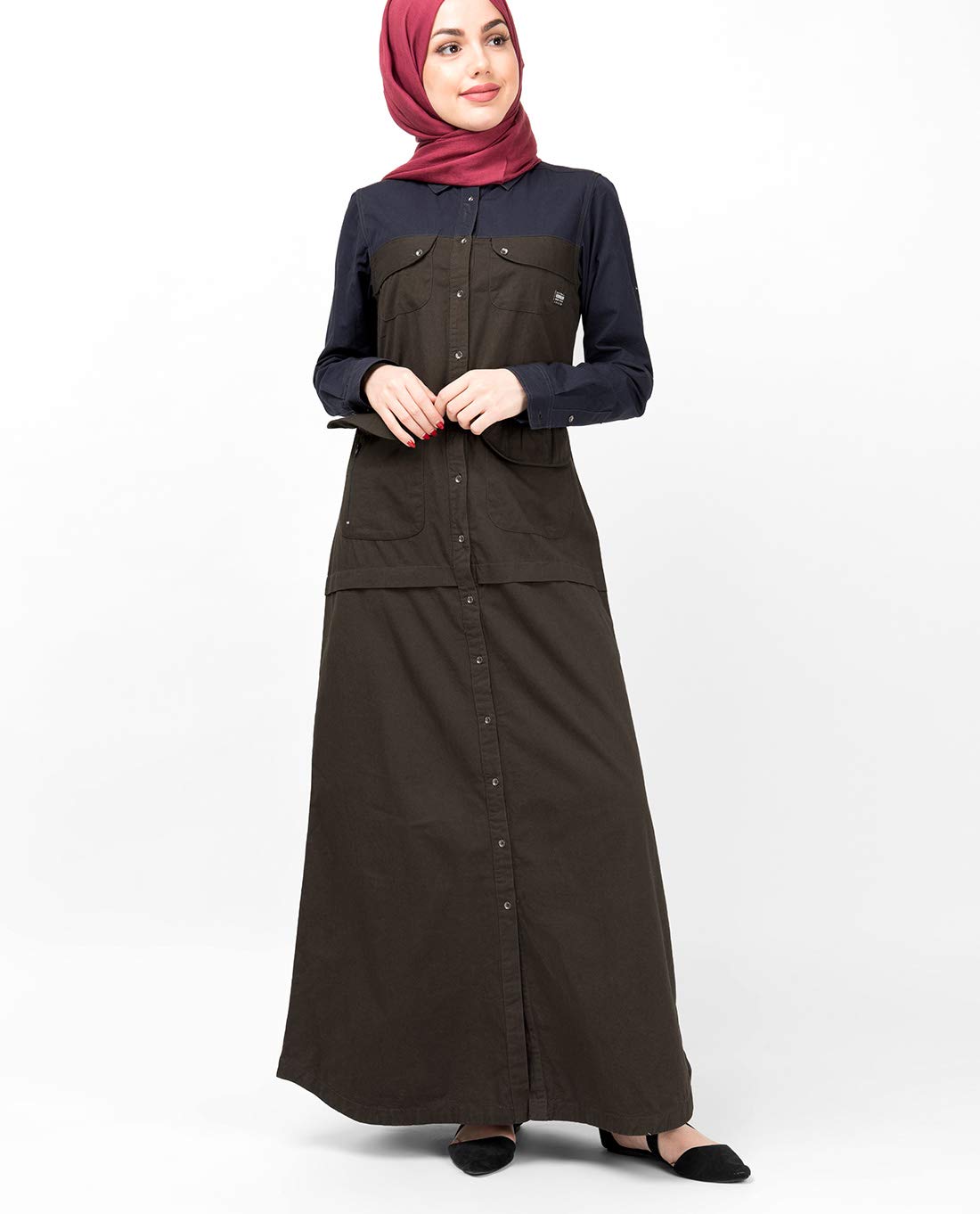 Silk Route© Navy & Olive Full Front Open Abaya Cotton Urban Maxi Dress Jilbab Small 56