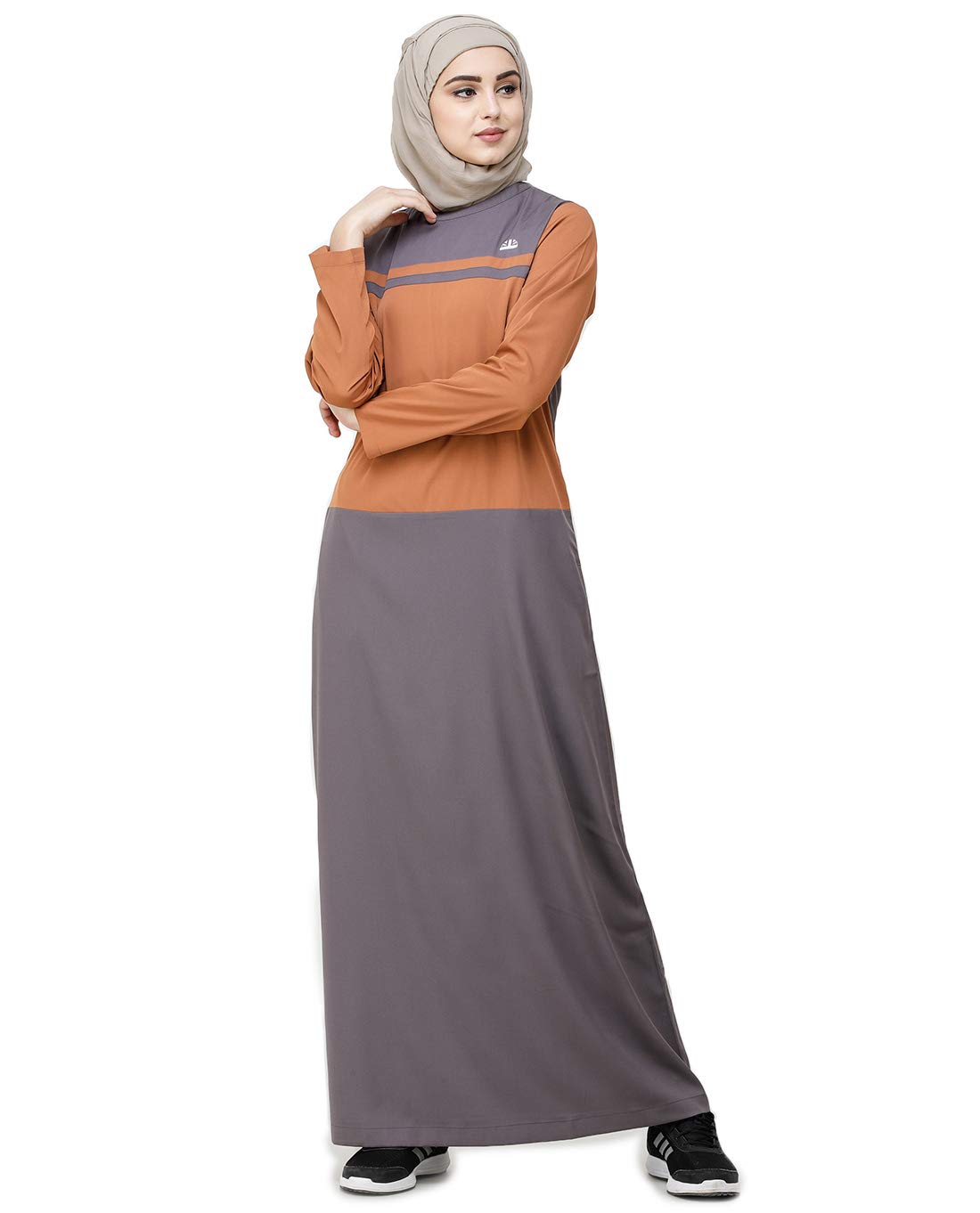 Silk Route© Rabbit Grey & Brown Shoulder Button Polyester Sporty Abaya Maxi Dress Jilbab Small 56
