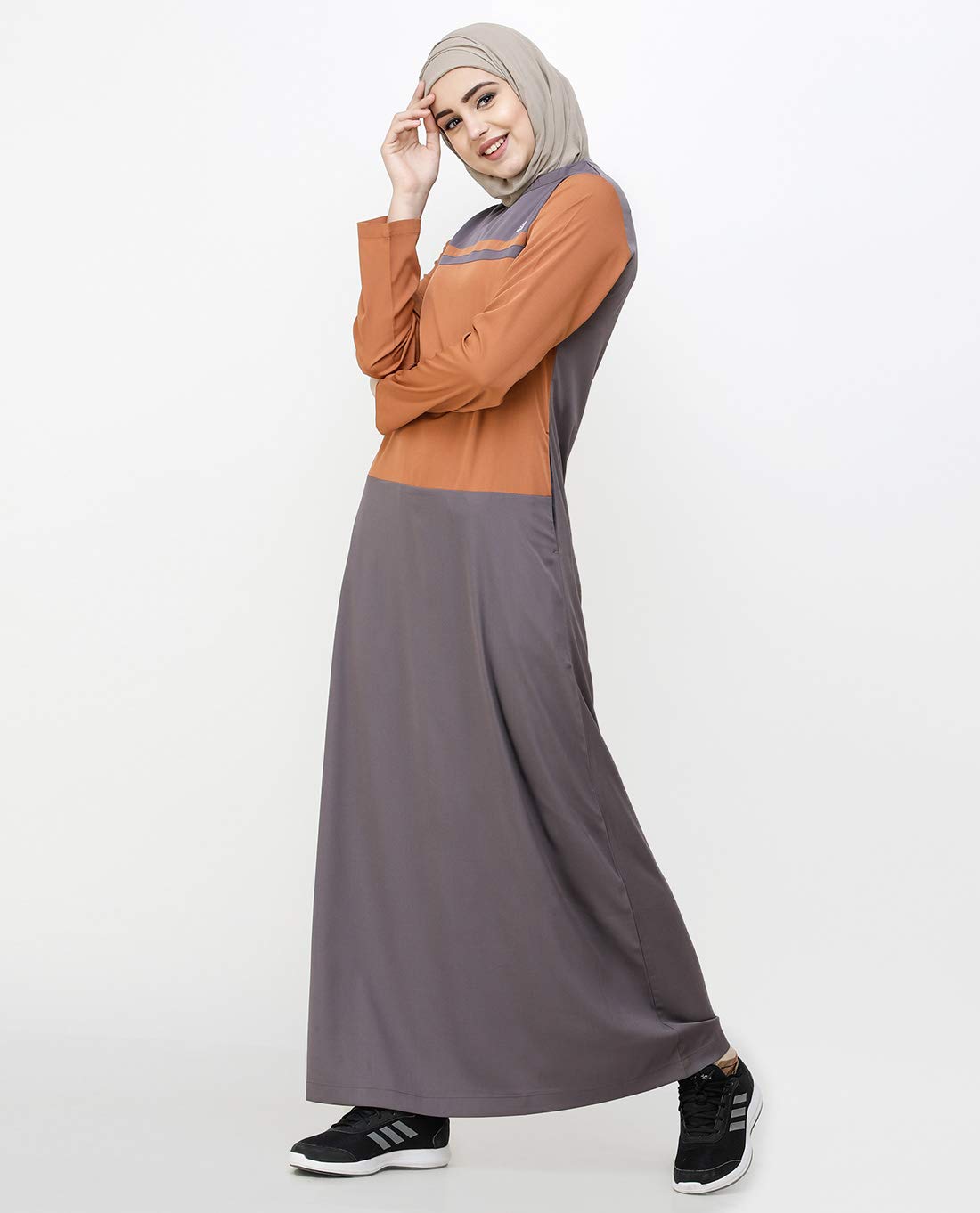 Silk Route© Rabbit Grey & Brown Shoulder Button Polyester Sporty Abaya Maxi Dress Jilbab Small 56