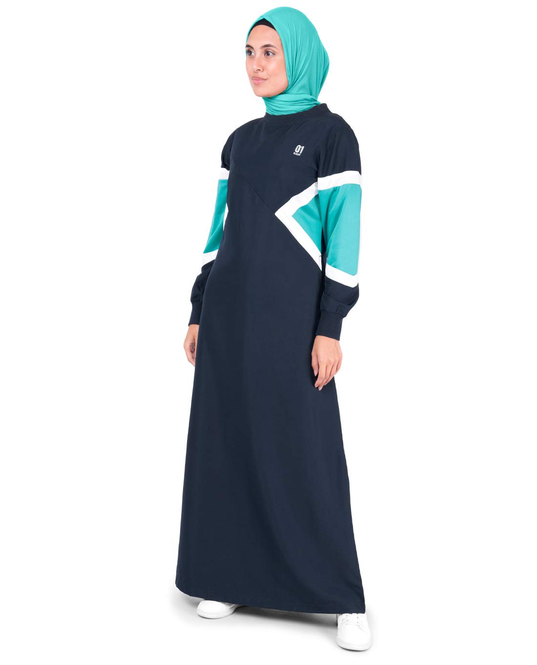 Silk Route© Navy Contrast Arrow Panel Polyester Sporty Abaya Maxi Dress Jilbab Small 54
