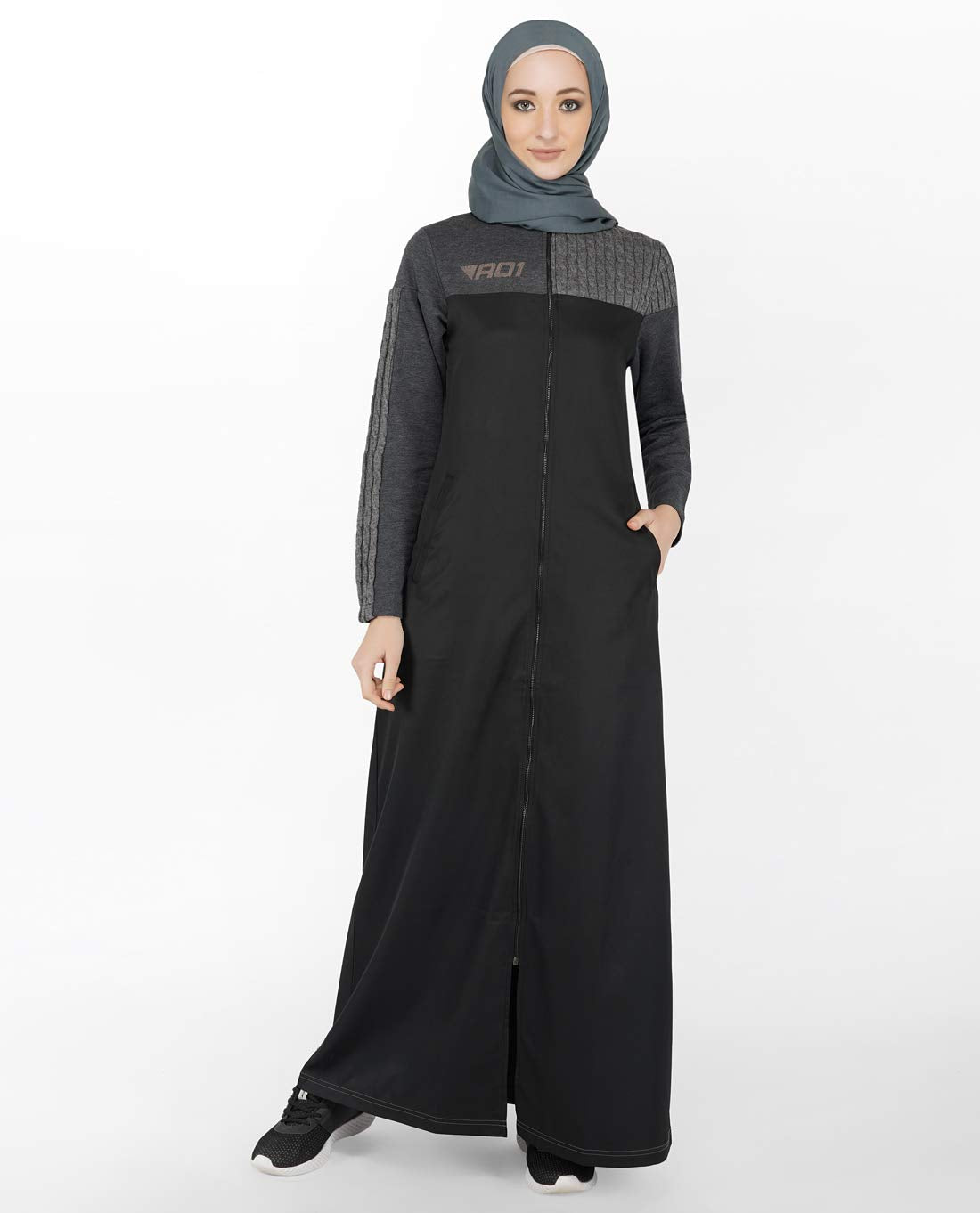 Silk Route Black Full Front Zip Opening Sporty Abaya Maxi Dress Jilbab Medium 56