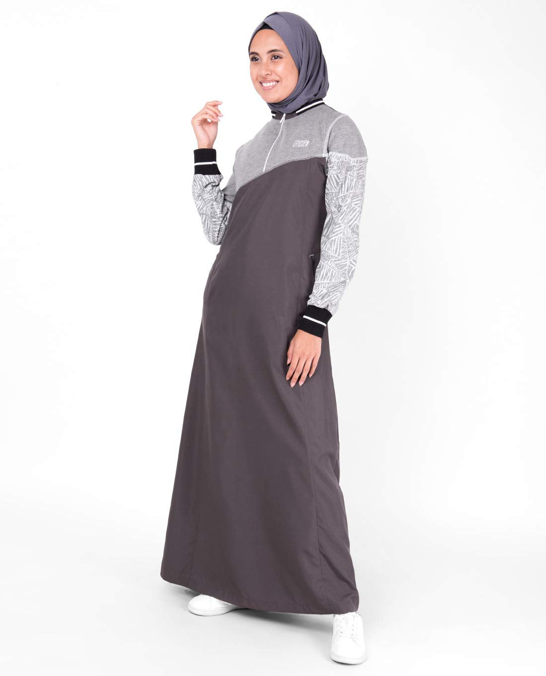 Silk Route© Grey Botanical Print Polyester Sporty Abaya Maxi Dress Jilbab Medium 52