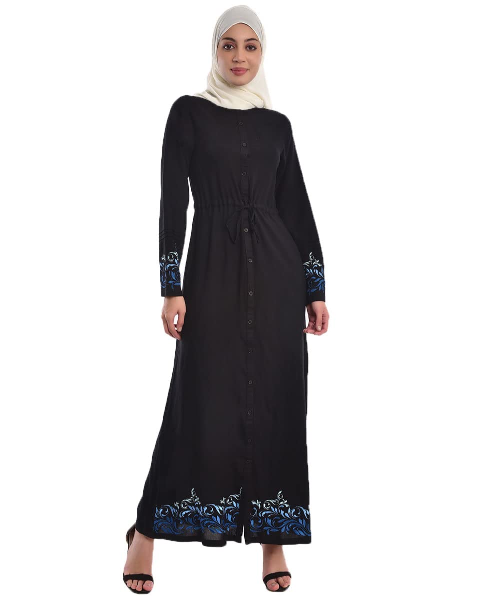 Silk Route Embroidered Midnight Black Abaya Maxi Dress Jilbab Small