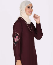 Silk Route Frilled Neck Floral Embroidery Burgundy Abaya Maxi Dress Jilbab Small