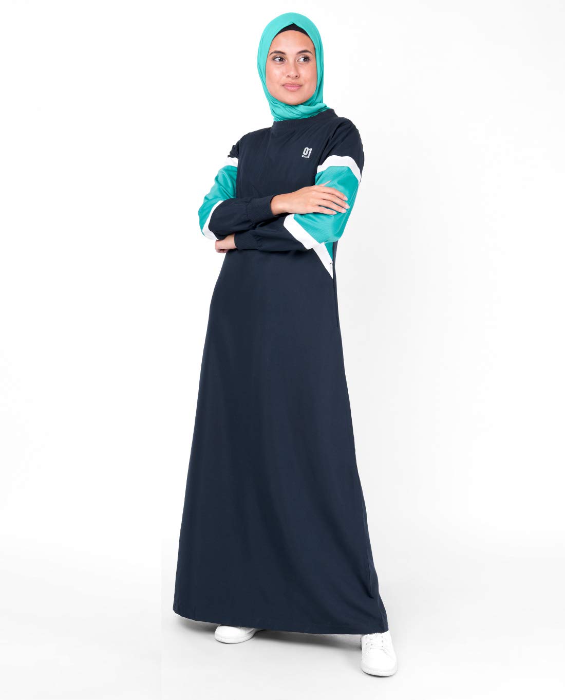 Silk Route© Navy Contrast Arrow Panel Polyester Sporty Abaya Maxi Dress Jilbab Small 54