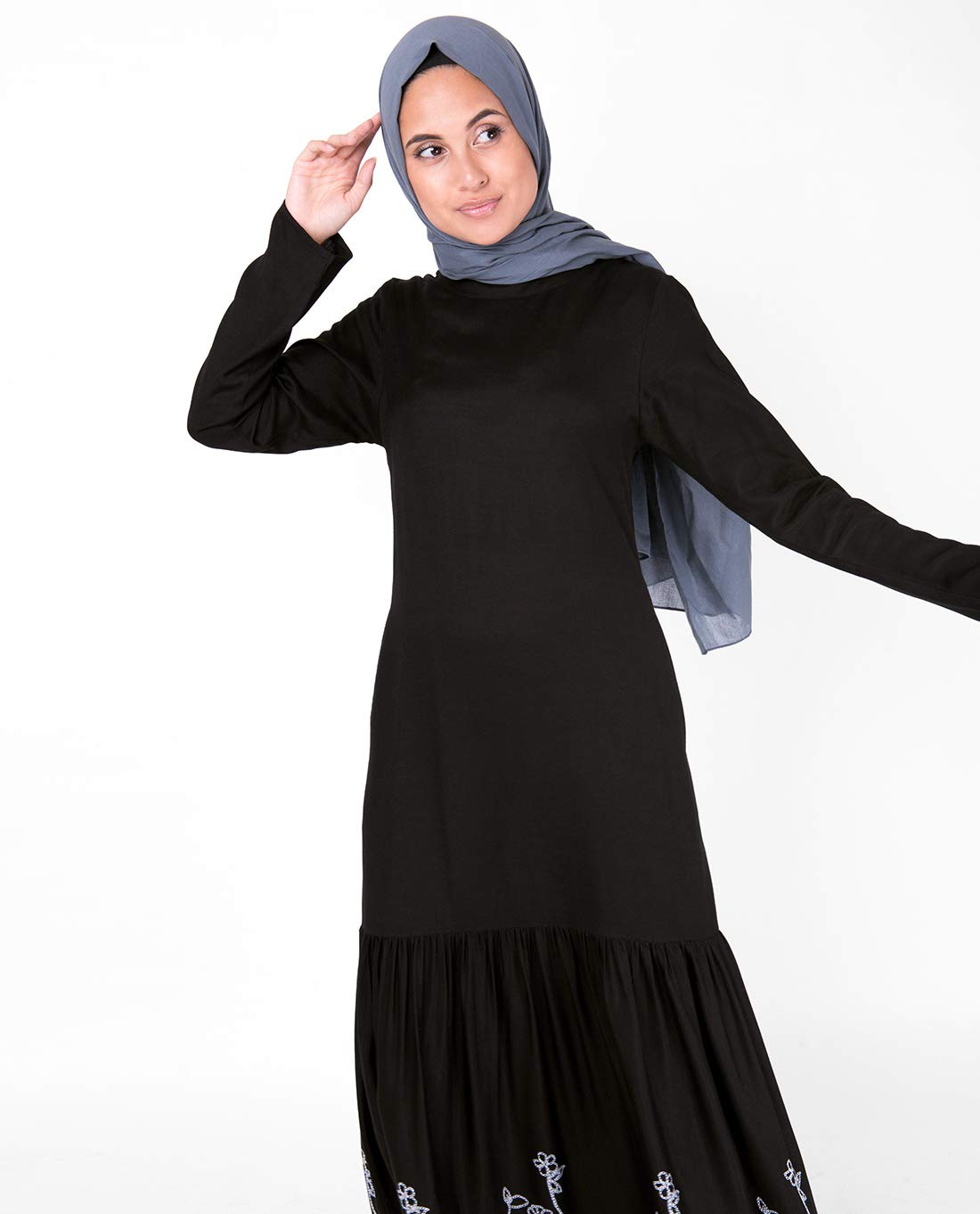 Silk Route© Black Floral Print Gathered Viscose Abaya Maxi Dress Jilbab Small 58