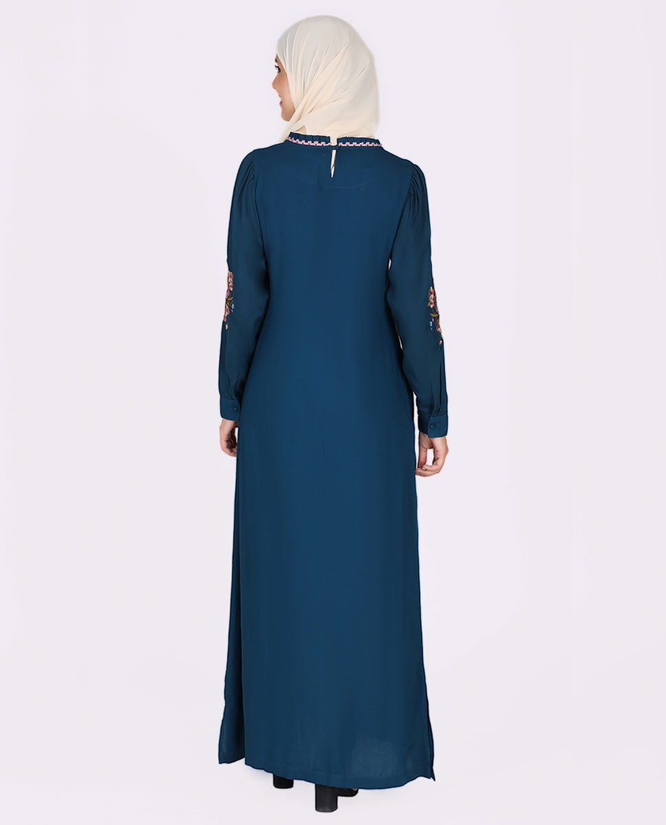 Silk Route Frilled Neck Floral Emboidery Teal Abaya Maxi Dress Jilbab Small