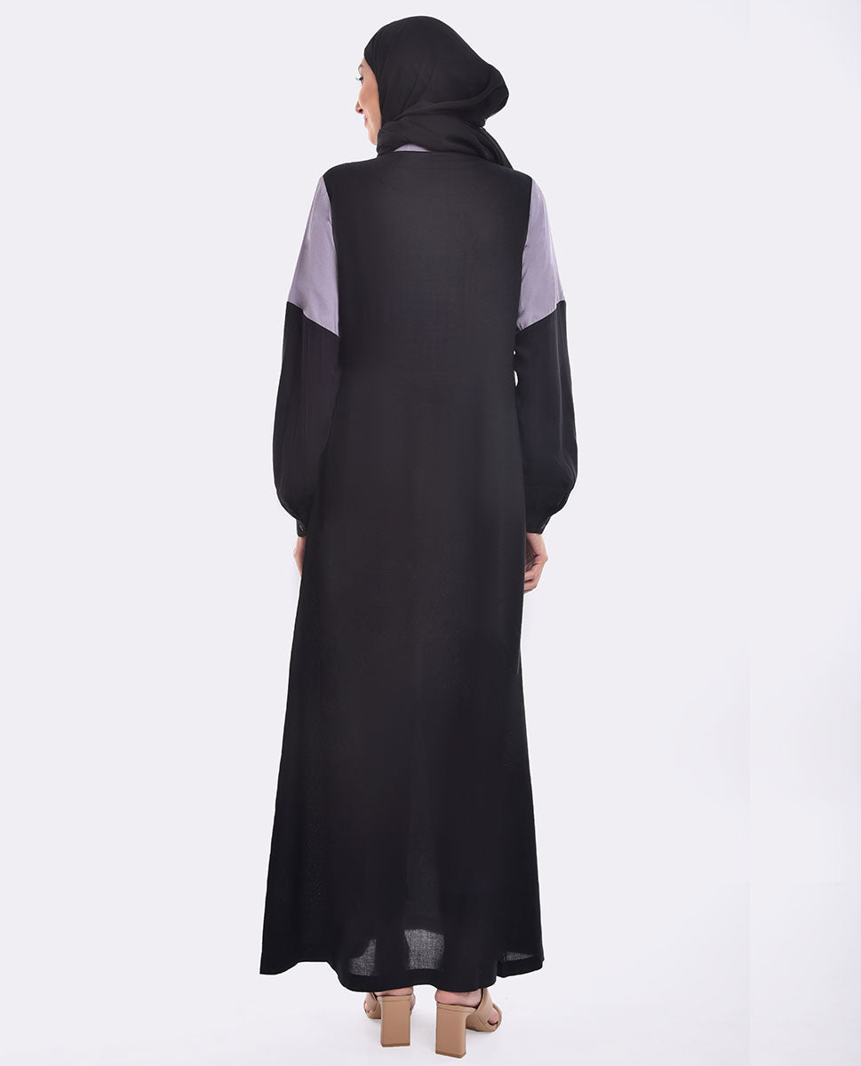 Silk Route Black And Lilac Contrast Embroidered Abaya Maxi Dress Jilbab Medium