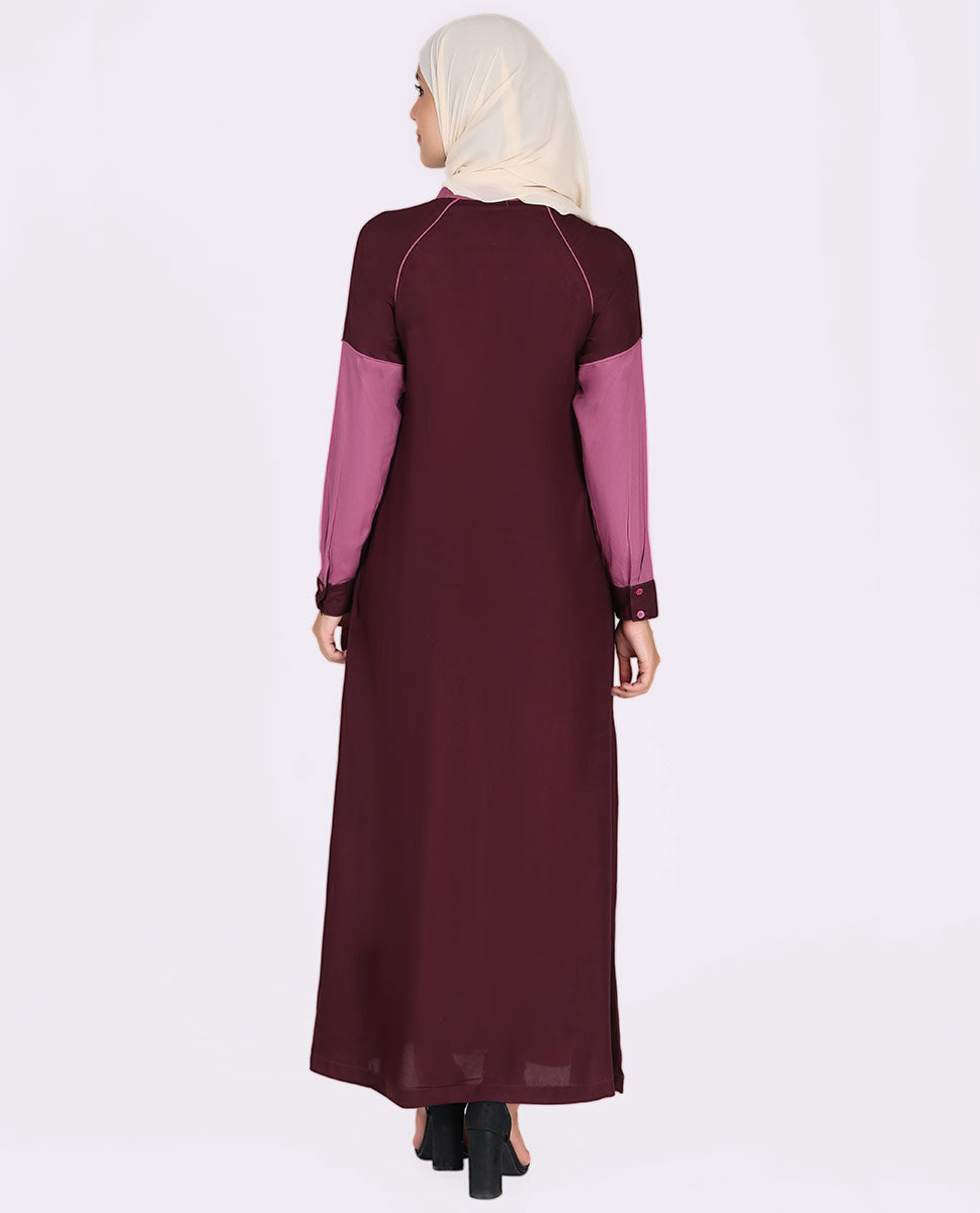 Silk Route Peach And Maroon Feminine Touch Abaya Maxi Dress Jilbab Medium