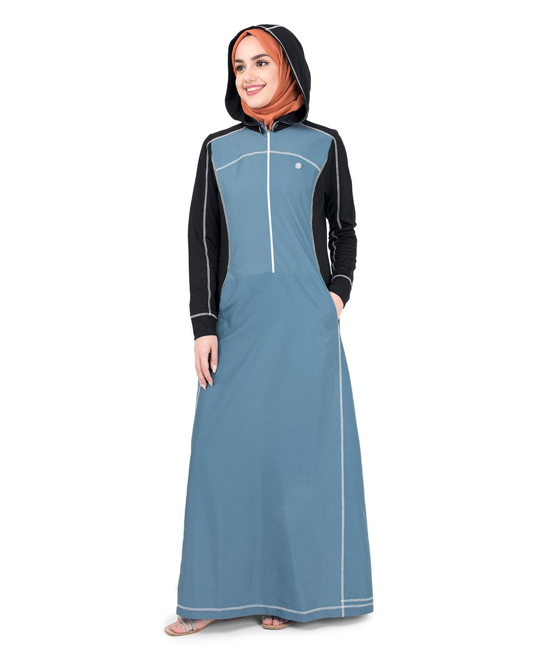 Silk Route Top-Stitch Detachable Hooded Taslon Blue Sporty Maxi Dress Jilbab Medium 56