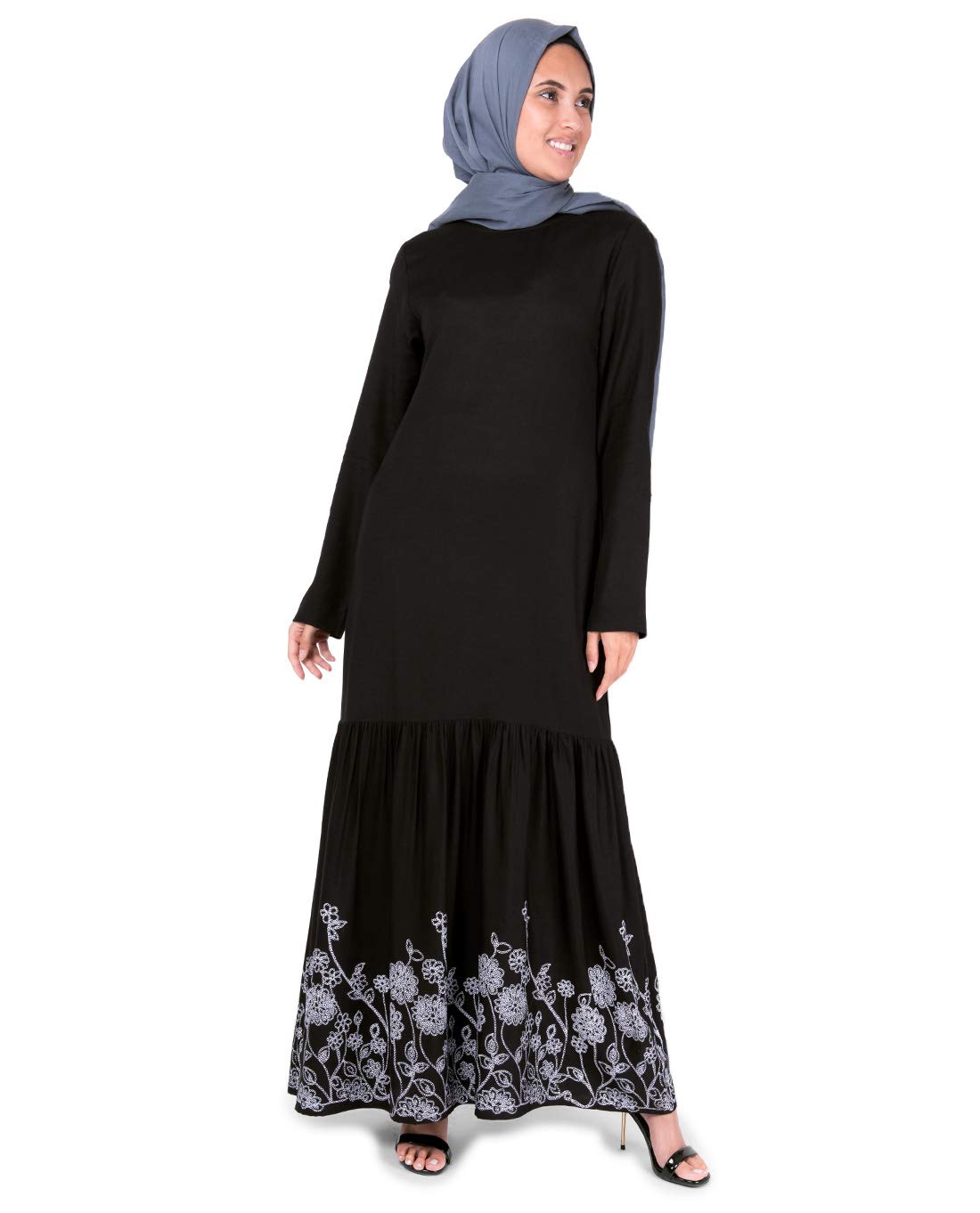 Silk Route© Black Floral Print Gathered Viscose Abaya Maxi Dress Jilbab Medium 54