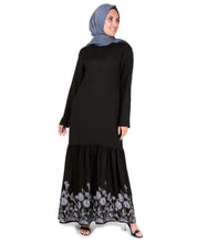 Silk Route© Black Floral Print Gathered Viscose Abaya Maxi Dress Jilbab Medium 54