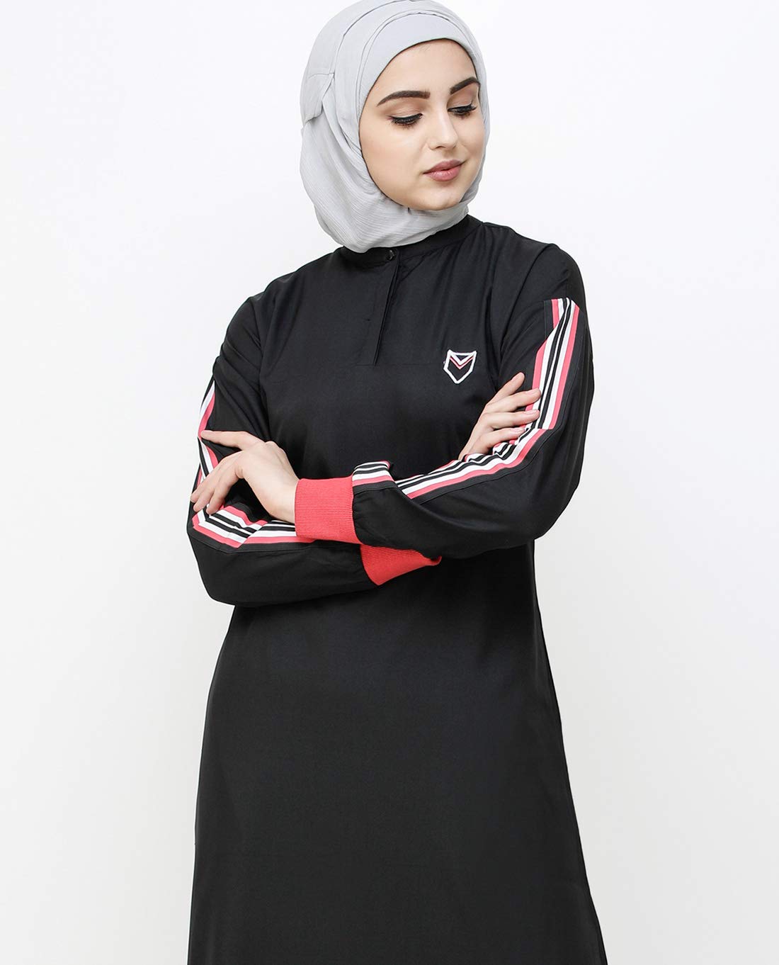 Silk Route© Midnight Black Striped Sleeve Polyester Sporty Abaya Maxi Dress Jilbab Medium 56