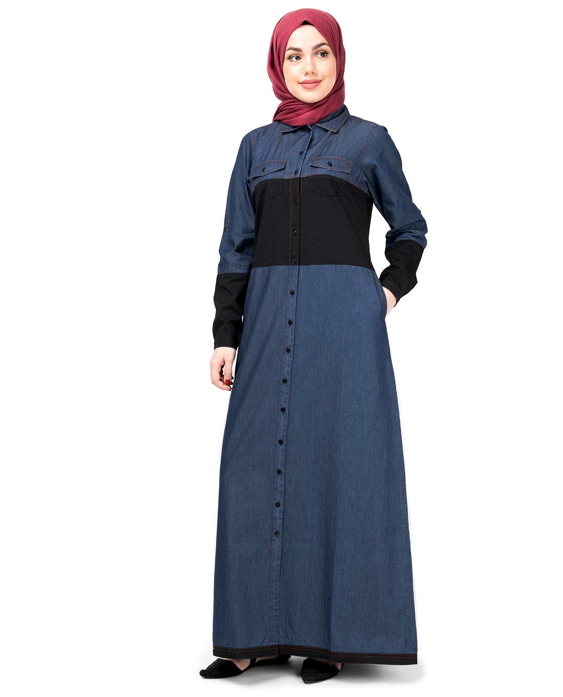 Silk Route© Blue & Black Full Front Open Denim Abaya Denim Urban Maxi Dress Jilbab XLarge 54