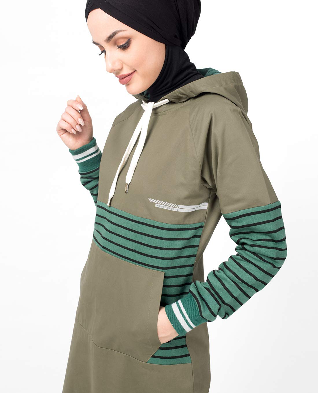 Silk Route© Khaki Casual Hooded Abaya Cotton Sporty Maxi Dress Jilbab XLarge 54