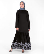 Silk Route© Black Floral Print Gathered Viscose Abaya Maxi Dress Jilbab Small 58