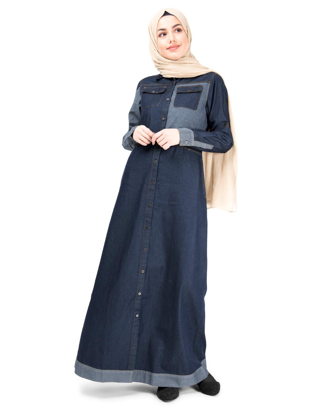 Silk Route© Blue & Black Full Front Open Denim Abaya Denim Urban Maxi Dress Jilbab Large 52