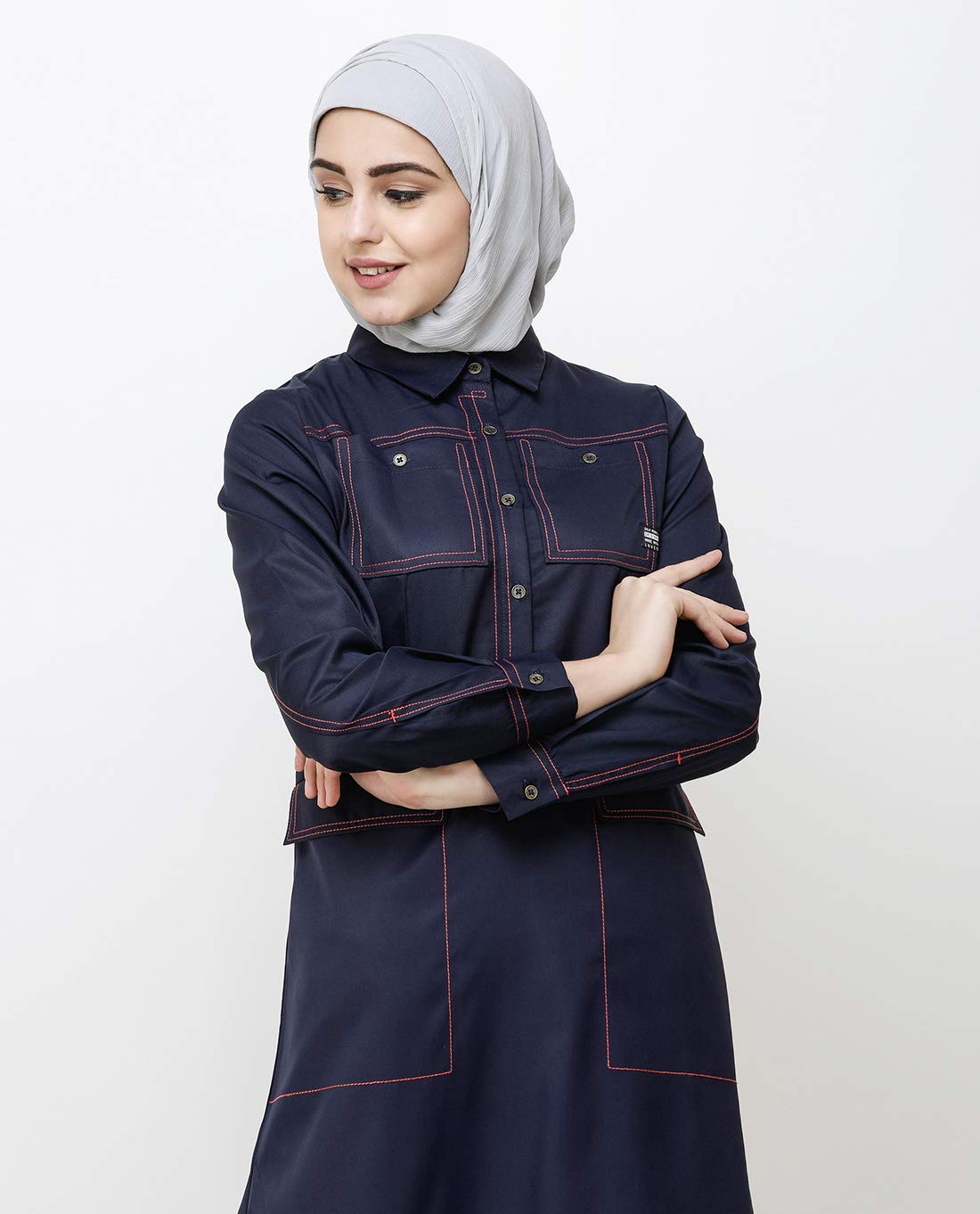 Silk Route© Navy Blue Patch Pockets Buttoned Polyester Urban Abaya Maxi Dress Jilbab Small 54