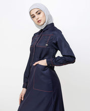 Silk Route© Navy Blue Patch Pockets Buttoned Polyester Urban Abaya Maxi Dress Jilbab Small 54