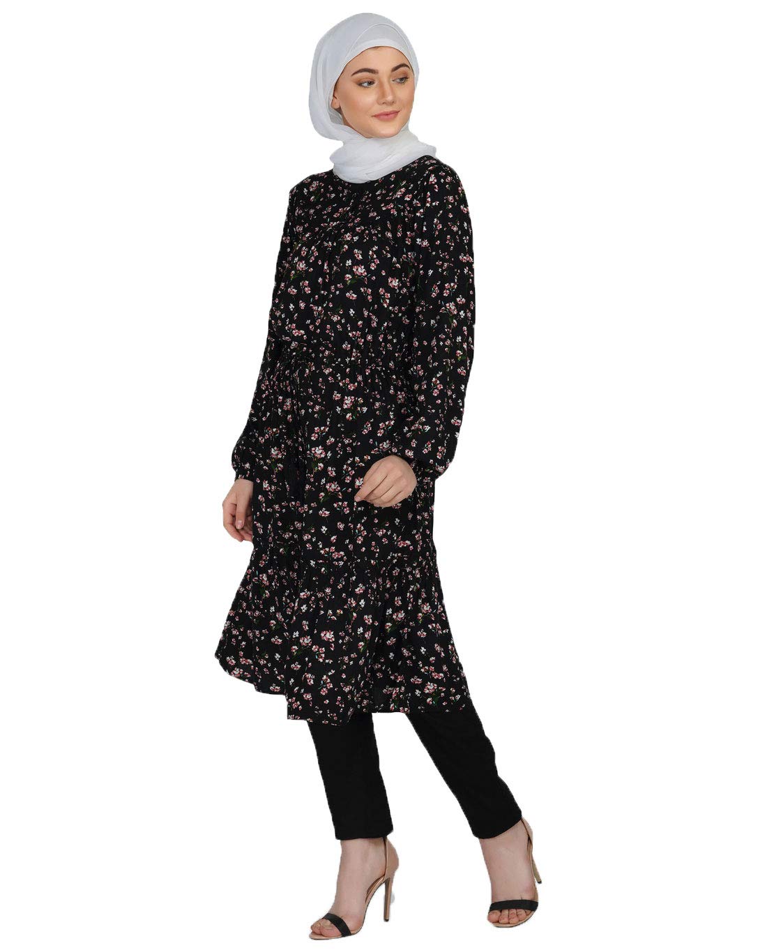Floral Black Balloon Sleeve Midi Dress Small Petite