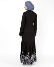 Silk Route© Black Floral Print Gathered Viscose Abaya Maxi Dress Jilbab Medium 54
