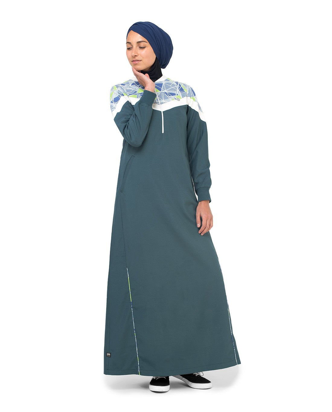 Silk Route Geo Print Casual Sporty Green Taslon Maxi Dress Jilbab XLarge 56