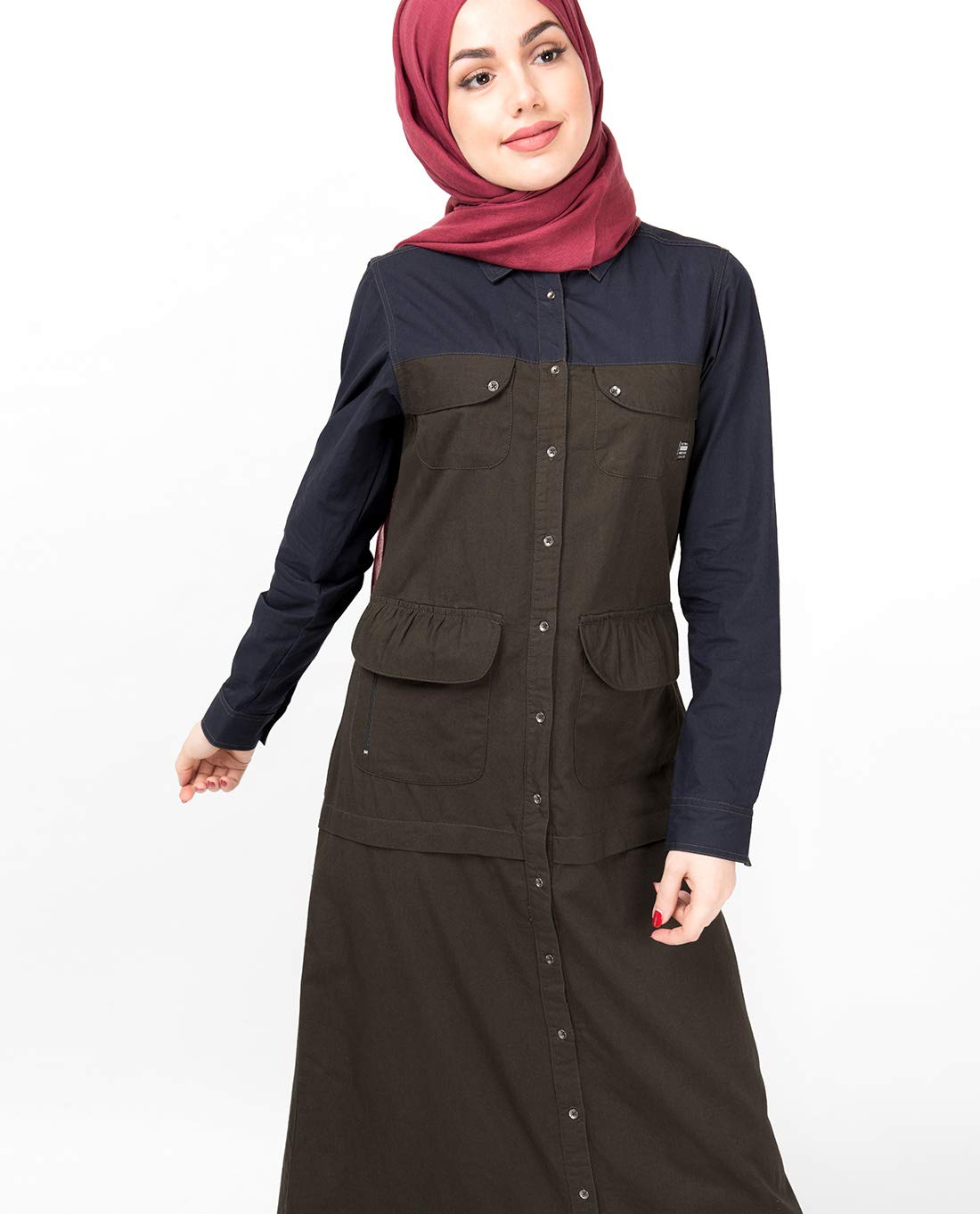 Silk Route© Navy & Olive Full Front Open Abaya Cotton Urban Maxi Dress Jilbab Small 56