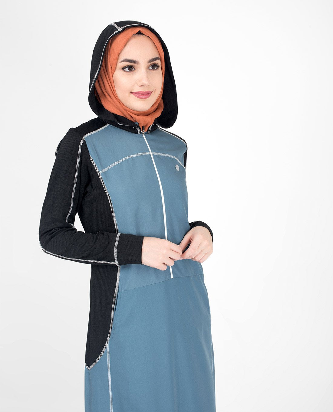 Silk Route Top-Stitch Detachable Hooded Taslon Blue Sporty Maxi Dress Jilbab Medium 56