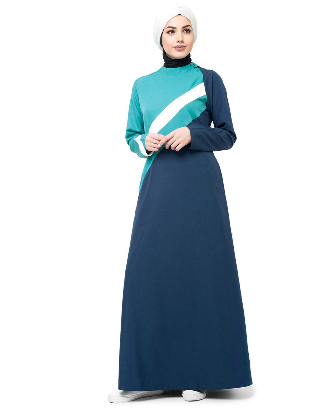 Silk Route White Striper Colour Blocking Taslon Sporty Maxi Dress Jilbab Small 58