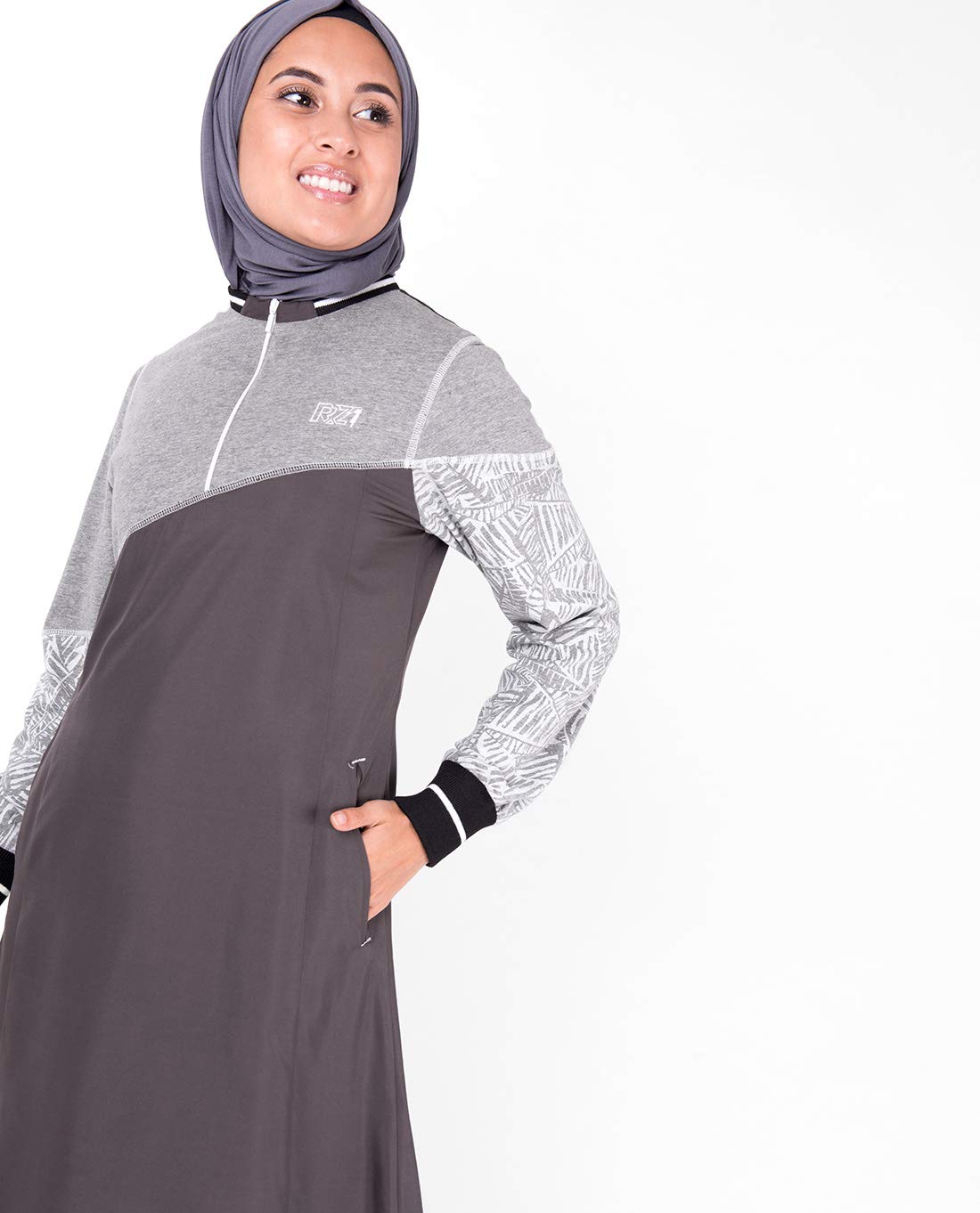 Silk Route© Grey Botanical Print Polyester Sporty Abaya Maxi Dress Jilbab Medium 52