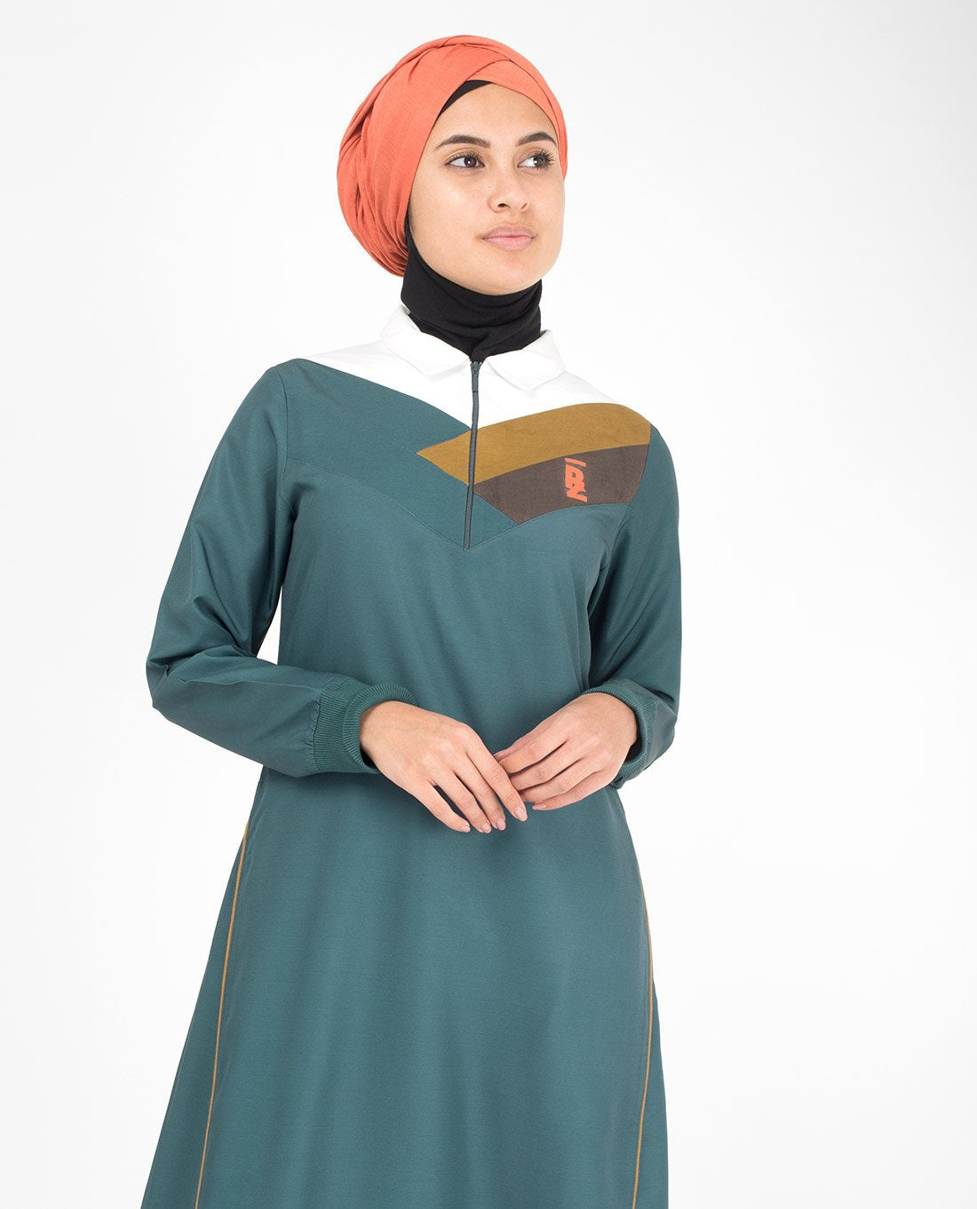 Silk Route Green and White Classic Zip Collared Taslon Sporty Maxi Dress Jilbab Medium 54