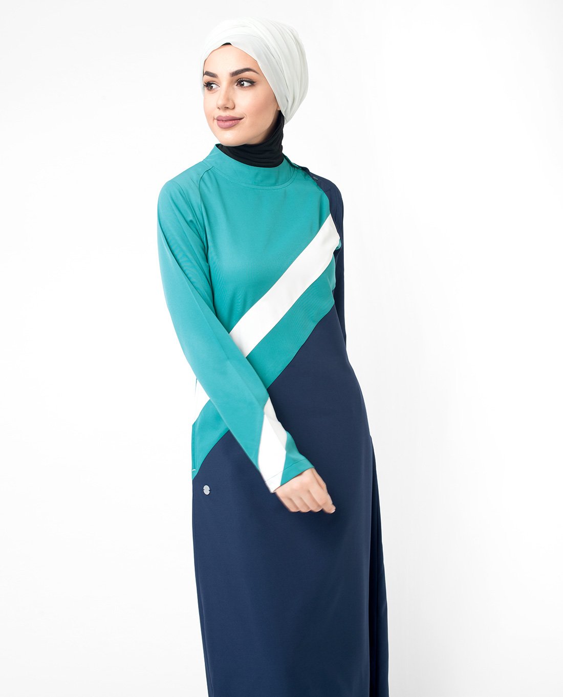 Silk Route White Striper Colour Blocking Taslon Sporty Maxi Dress Jilbab Small 58