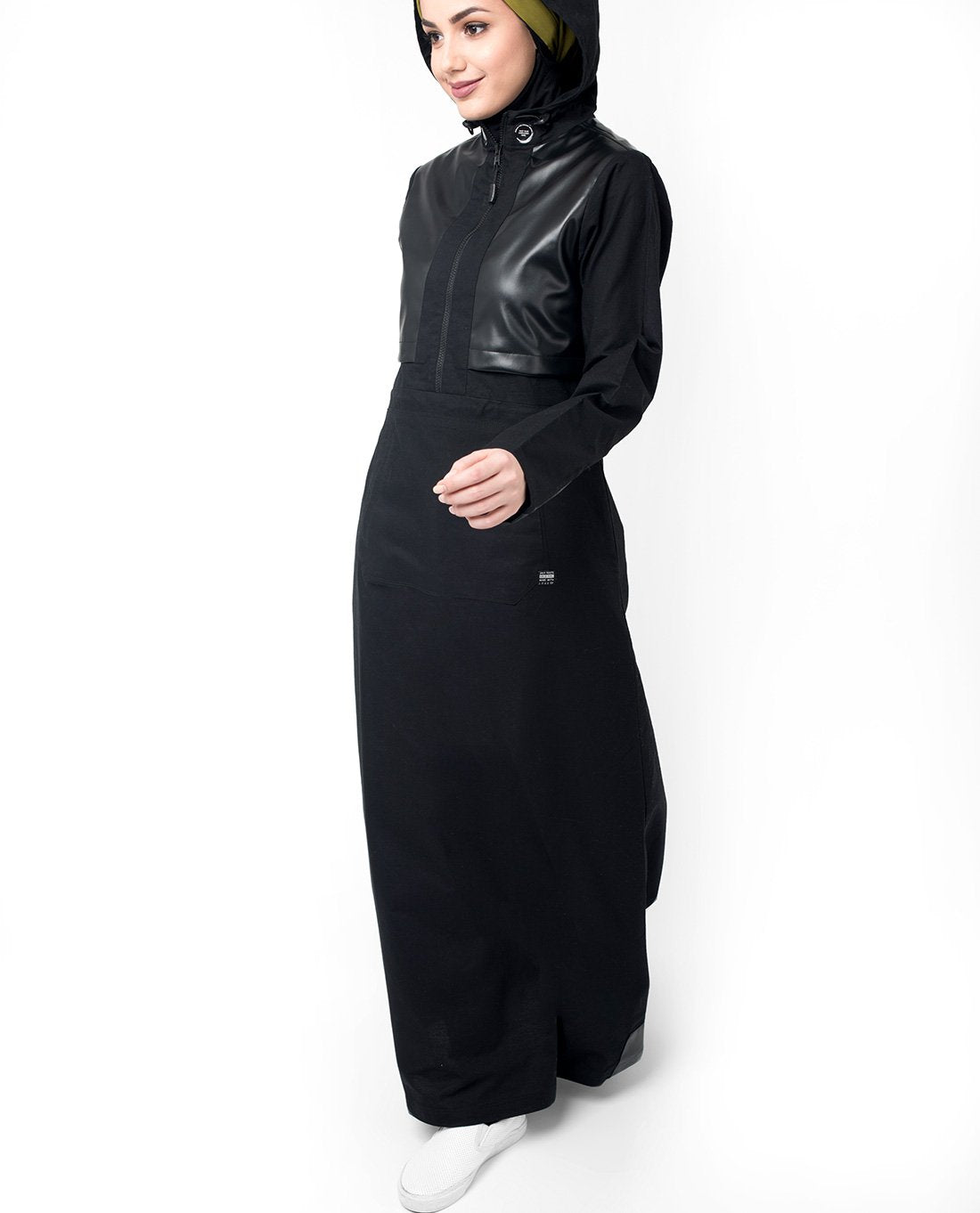 Silk Route Black PU Hooded Cotton Urban Maxi Dress Jilbab Large 60