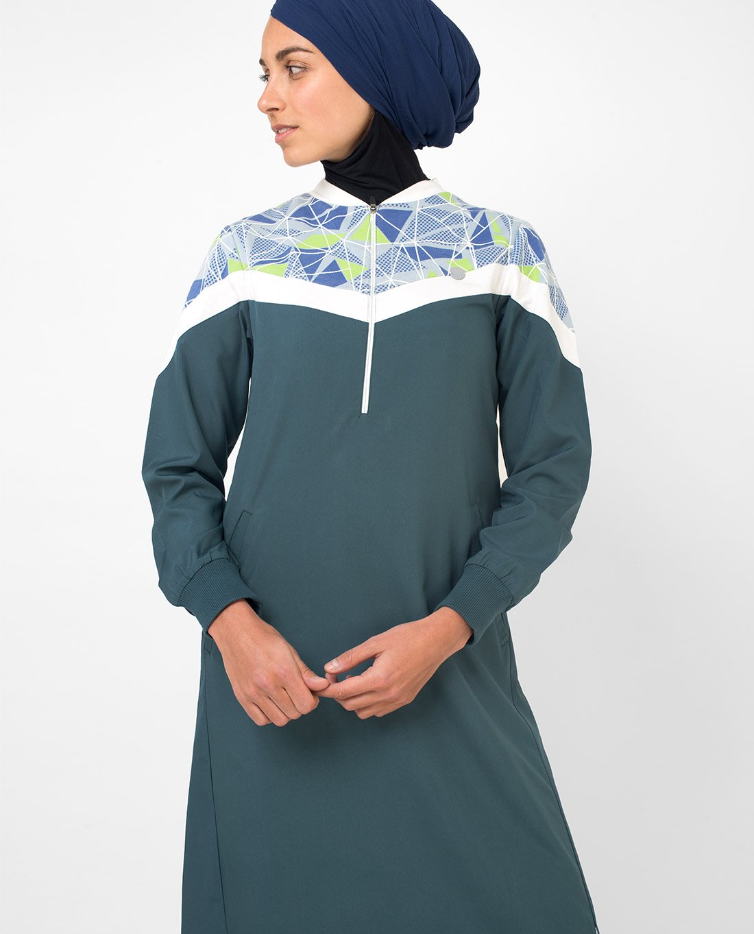 Silk Route Geo Print Casual Sporty Green Taslon Maxi Dress Jilbab XLarge 56
