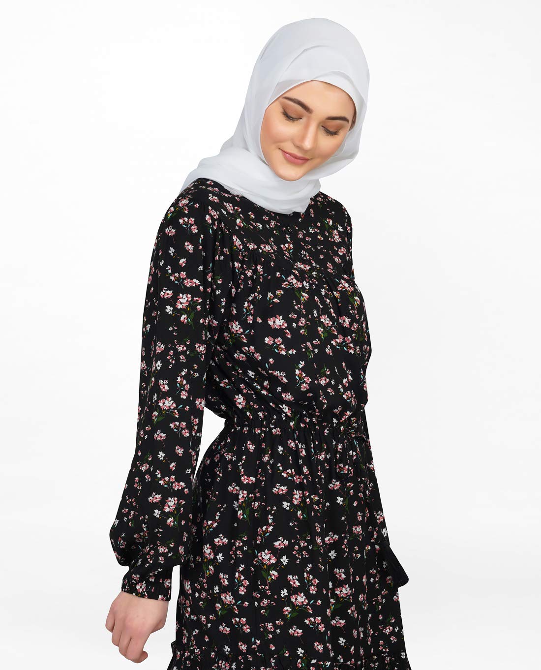 Floral Black Balloon Sleeve Midi Dress Small Petite