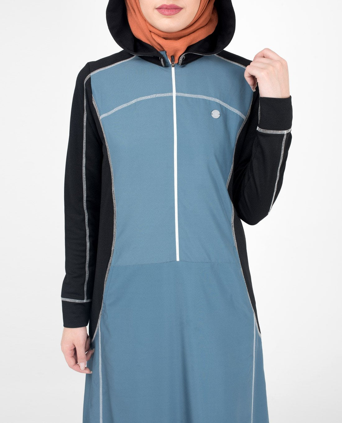 Silk Route Top-Stitch Detachable Hooded Taslon Blue Sporty Maxi Dress Jilbab Medium 56